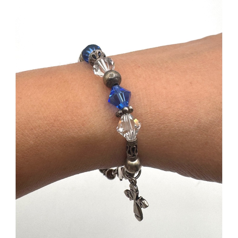 Blue and Clear Crystal Beaded Bracelet with Cross Charm 925 Silver 7 Inch